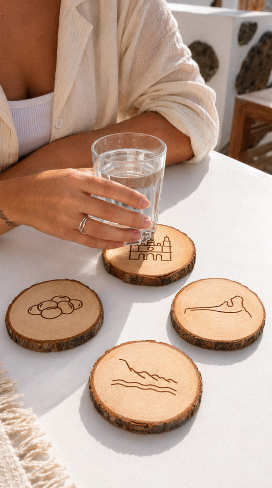 Set de 4 posavasos de pino natural: Iconos de Gran Canaria
