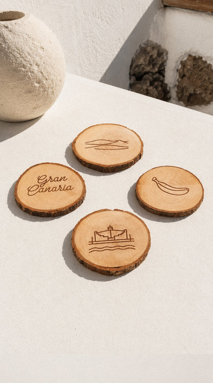 Set de 4 posavasos de madera de pino: Iconos de Gran Canaria