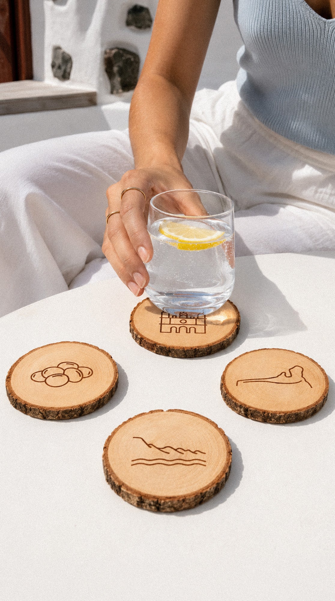 Set de 4 posavasos de madera de pino: Iconos de Gran Canaria