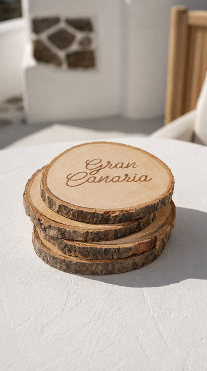 Set de 4 posavasos de madera de pino: Iconos de Gran Canaria