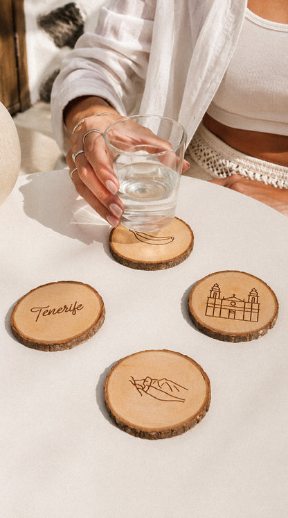 Set de 4 posavasos de madera de pino: Iconos de Tenerife