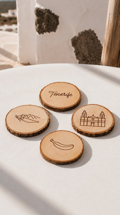 Set de 4 posavasos de madera de pino: Iconos de Tenerife