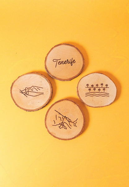 Set de 4 posavasos de pino natural: Iconos de Tenerife