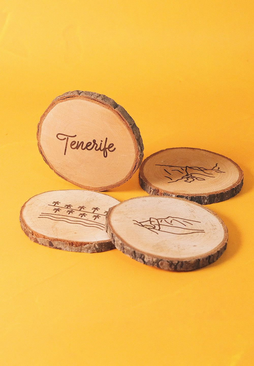 Set de 4 posavasos de pino natural: Iconos de Tenerife