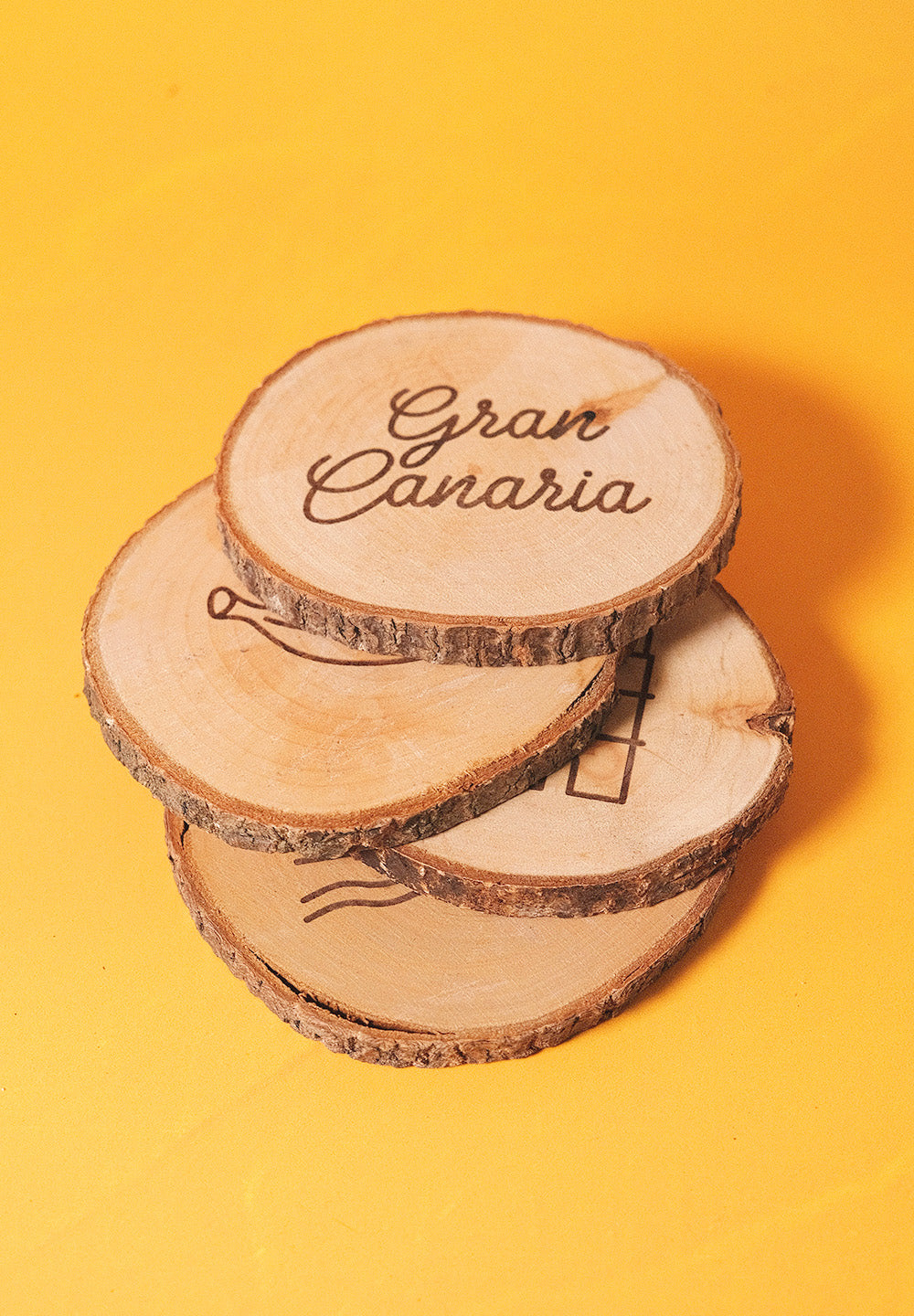 Set de 4 posavasos de pino natural: Iconos de Gran Canaria